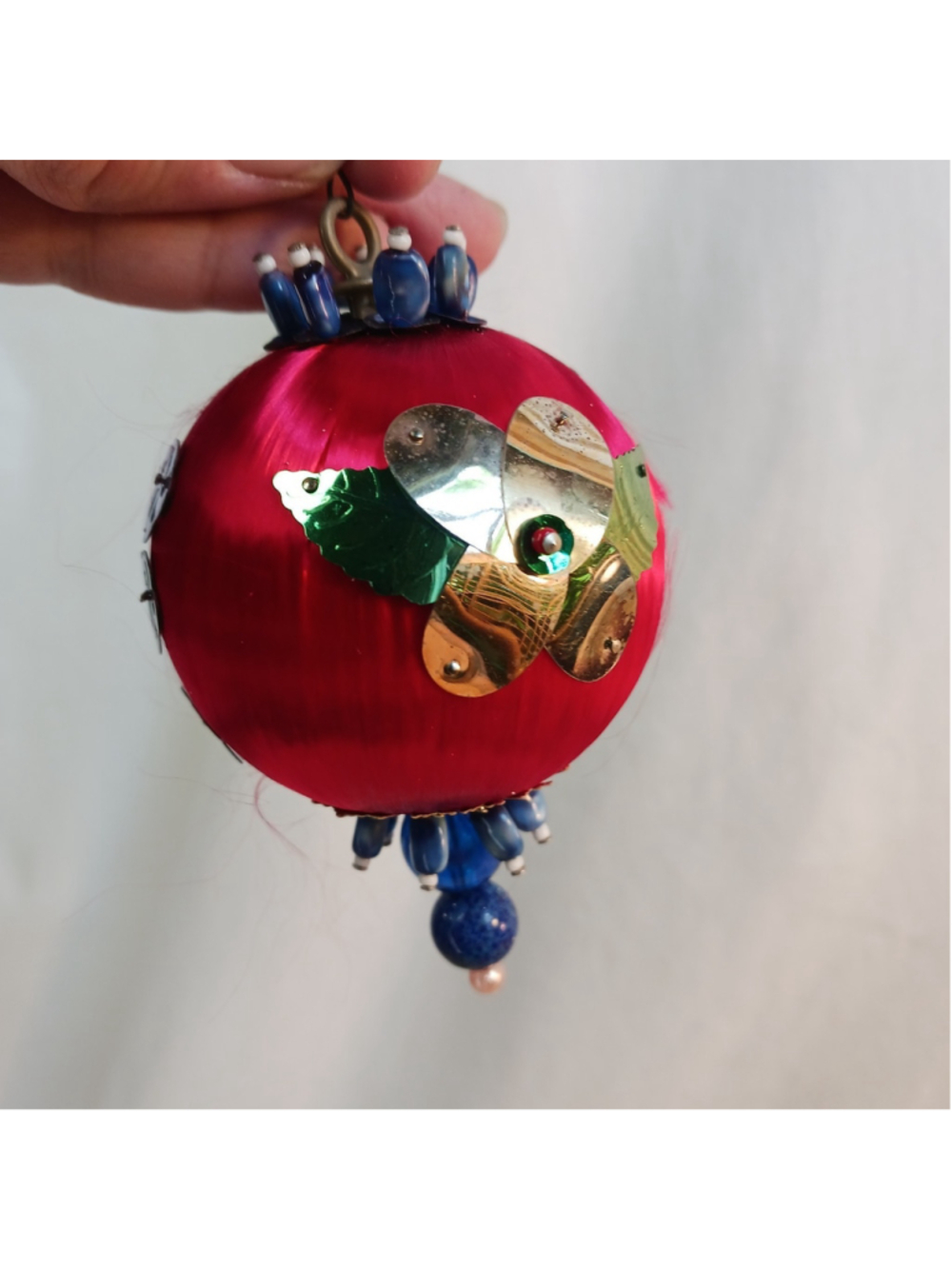 Vintage Push Pin Beaded Ornament Red Silk Blue Beads Floral Granny Core